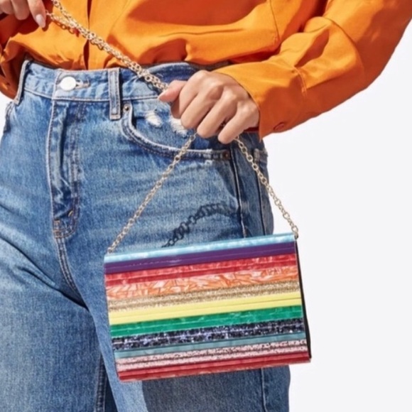 Kurt Geiger London Party Multi Stripe  Pride Rainbow Glitter Envelope Clutch - Picture 3 of 17